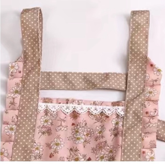 Apron Retro Bib Style Adjustable Waist Tie Floral Polka Dot Womens Pink Tan OS - Picture 5 of 16